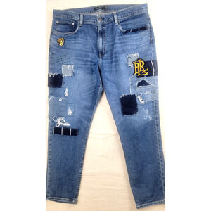 Lauren Ralph Lauren Relaxed Tapered Jeans Distressed Patchwork RL Logo Rare